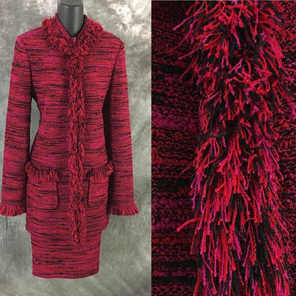 BEAUTIFUL St John knit pink red black multi fringe jacket skirt suit size 6